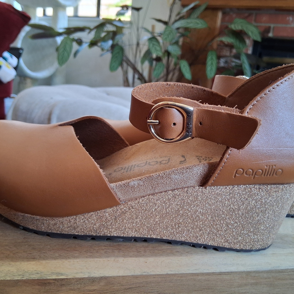 BIRKENSTOCK Papillio "MARY" Women's Tan Leather Wedge Shoes Size 10-10.5 US